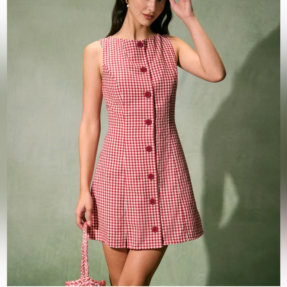 Rihoas Red Boat Neck Plaid Mini Dress